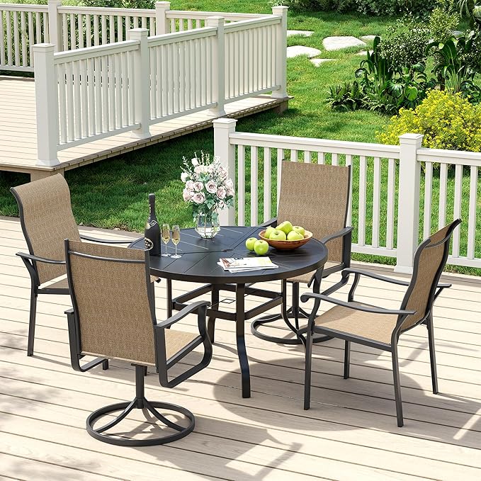 UDPATIO 5 Piece Patio Outdoor Table and Chairs, Patio Dining Set for 4,39" Black Round Table with Umbrella Hole, Brown Patio Chairs, Patio Table with Chairs Outdoor Dining Set for Backyard, Deck