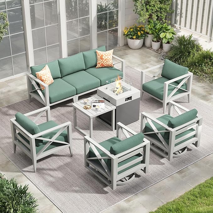 Aluminum Patio Furniture Set with Fire Pit Table,7-Seats Patio Sectional Conversation Sofa with 5.2" All-Weather Cushions and 2 Swivel Rocking Chairs,Outdoor Furniture Set(White)