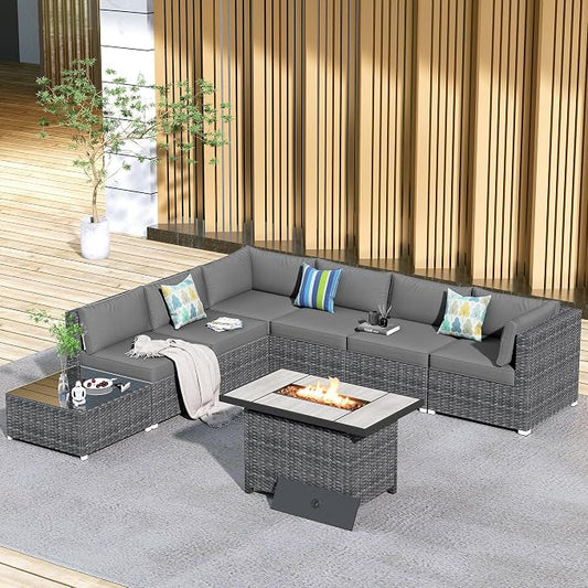 HOOOWOOO 8 Piece Patio Sectional Furniture Set with Fire Pit Table,Modern Wicker Outdoor Conversation Sofa Sets,Weather Resistant Modular L Shaped Outside Couch Set(Dark Grey)