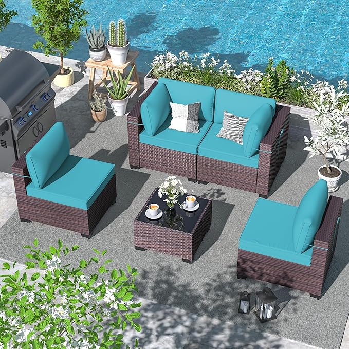 ALAULM 5 Pieces Patio Furniture Set Wicker Patio Conversation Set, Outdoor Sectional Furniture w/Coffee Table & Washable Seat Cushions-Blue