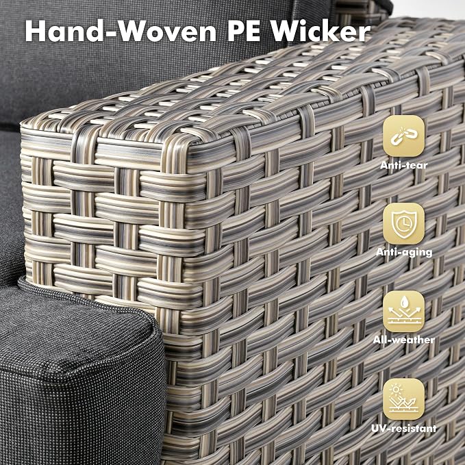 4-Piece Wicker Outdoor Sectional Furniture, Wide Armrest L-Shaped Patio Couch Set with Ottoman, Modern Modular Conversation Sets with Thick Cushion for Backyard Porch Balcony, Black