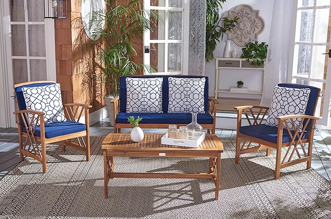 SAFAVIEH Outdoor Collection Fontana Natural/ Navy Blue Cushions/ Geometric Pattern Pillows 4-Piece Conversation Patio Set