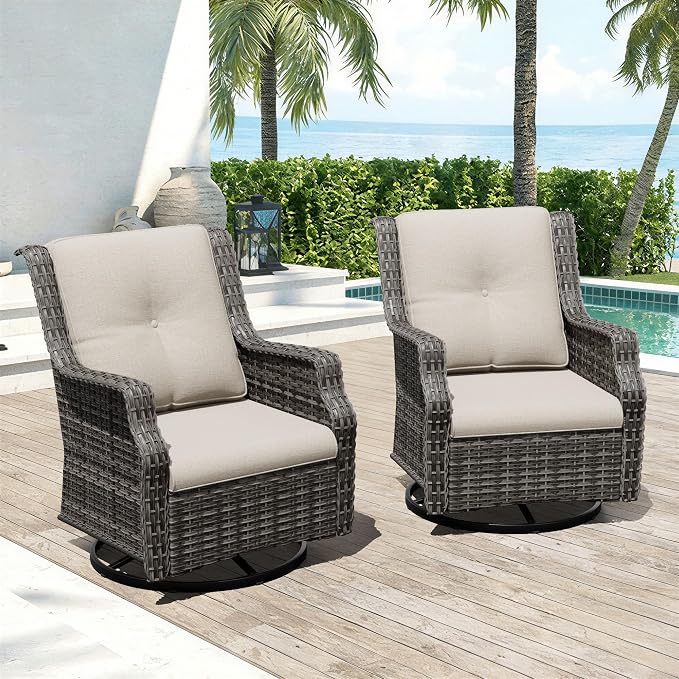 Swivel Patio Chairs Set of 2, Wicker Patio Furniture with Thick Cushions, Curved Armrest, Deep Seating, Rattan Outdoor Chairs for Porch, Deck, Balcony