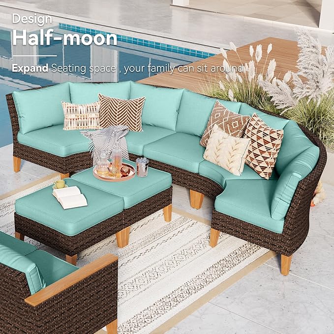 GREEN PARTY 8 Pieces Wicker Patio Furniture Set, All-Weather Outdoor Rattan Half-Moon Curved Patio Sectional Sofa Conversation Set with 4" Thick Cushions for Garden, Backyard, 2 x Ottomans (Blue)