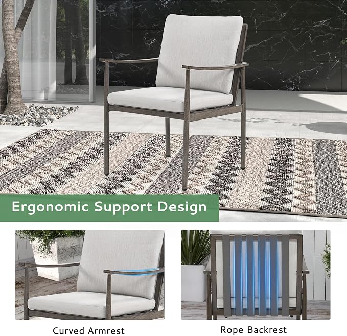 5-Piece Outdoor Dining Set for 4, Aluminum Patio Dining Set with Cushions, 4 Dining Chairs with Rope Backrest, Square Table with Umbrella Hole, Patio Dining Set for Lawn Porch Backyard,Grey