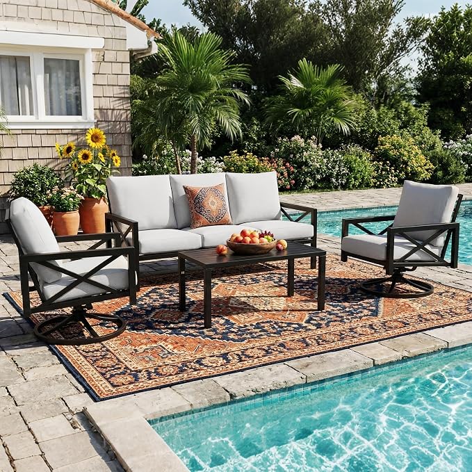NATURAL EXPRESSIONS 4 Piece Metal Outdoor Patio Furniture Set, Patio Conversation Set with Extra Thick Cushion and Table, Black Frame Backyard Furniture (3 Seater with 2 Swivel Chairs Set)