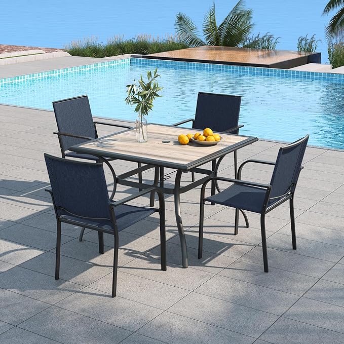 Anmutig 5 Piece Outdoor Patio Table and Chairs Set with Navy Blue Stackable Chairs and 37" Square Table with Umbrella Hole for Garden, Deck