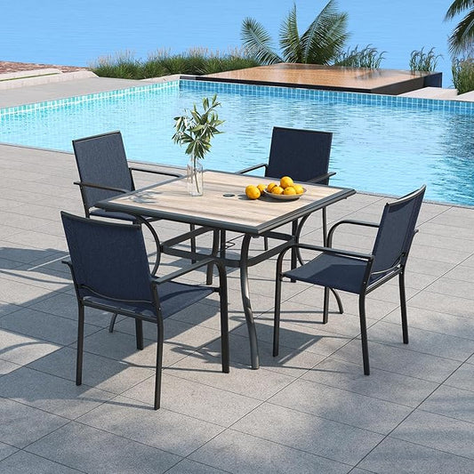 Anmutig 5 Piece Outdoor Patio Table and Chairs Set with Navy Blue Stackable Chairs and 37" Square Table with Umbrella Hole for Garden, Deck