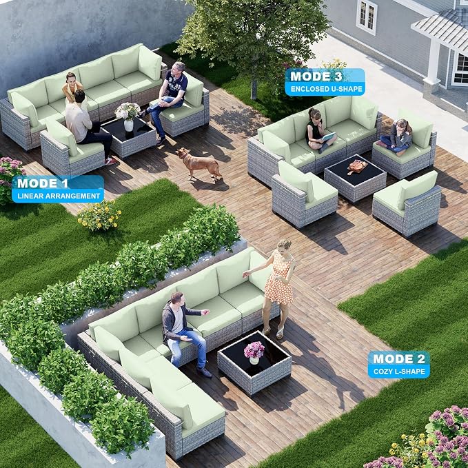 7-Piece Patio Furniture Set, Outdoor Sectional with Thick Cushions, Modular Patio Sofa, Dual-Strand Wicker Rattan, Rust-Resistant Frame, Backyard Furniture for Garden, Deck, Light Green