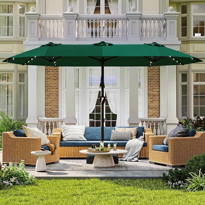 Large Patio Umbrella with Solar Lights and Base, Double-Sided Outdoor Rectangle Umbrella with 48 LED Lights, Market Table Umbrellas with UV Resistant Canopy