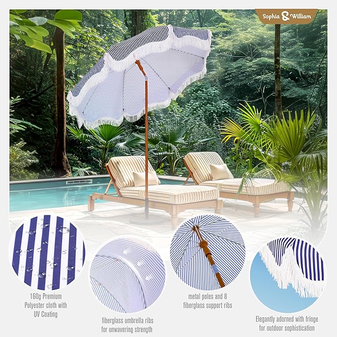 Sophia & William 7ft Outdoor Beach Umbrellas with Fringe, Portable Tilt Umbrellas for Sand, Patio, Lawn, Garden, Pool, Outing, Balcony