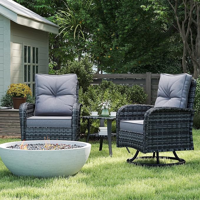 Kromax Outdoor Patio Furniture Set, All-Weather Wicker Swivel Glider Chairs Set of 2 with Coffee Table Table & Thick Machine Washable Cushions for Backyard, Garden, Porch, Grey/Grey