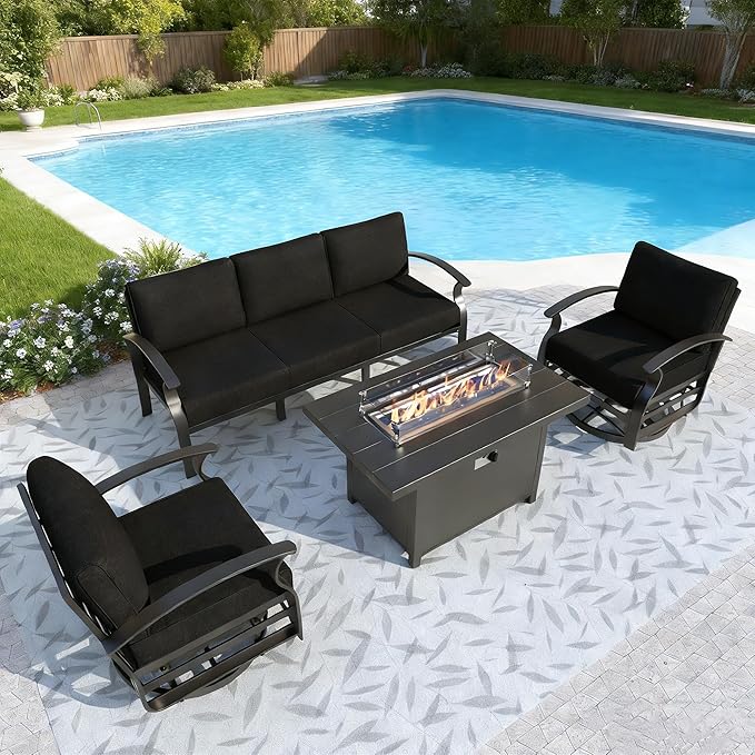 Gotland Outdoor Aluminum Patio Furniture Set with Fire Pit Table, 5 Pieces Metal Patio Furniture with 2 Swivel Rocking Chairs Waterproof 5.1'' Seat Cushions, for Garden Balcony Porch