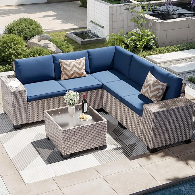 6-Piece Outdoor Patio Furniture Set, Modular Sectional Sofa Set with Glass Coffee Table and Cushions, Wicker Outdoor Couch Conversation Sets, Blue