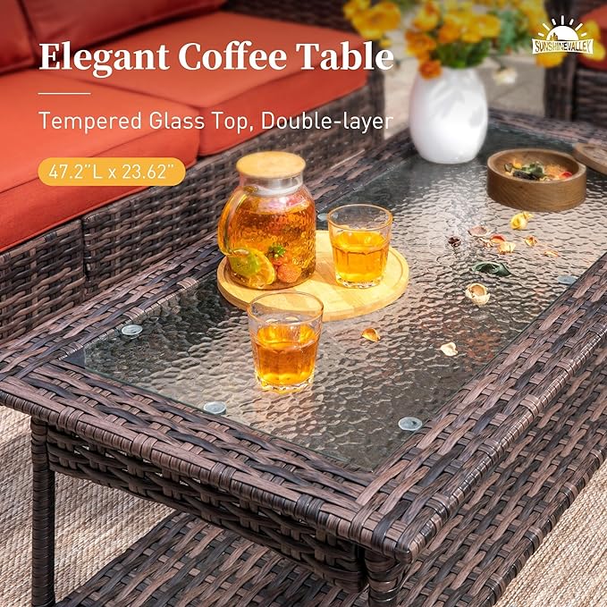Patio Furniture Set with Swivel Chairs, High Back Wicker Rattan Furniture with Extra Thick Cushion and Coffee Table, Outdoor Conversation Set for Garden Backyard Deck,7 Seats Red