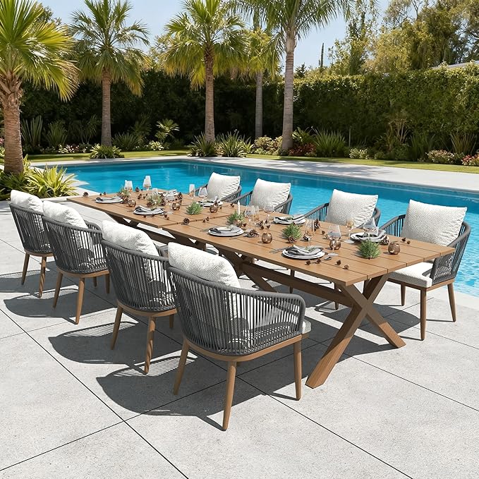 LayinSun 10 Pieces Outdoor Patio Dining Set, Aluminium Rectangular Dining Table and Wicker Rattan Chairs Set for Outside Backyard, Poolside
