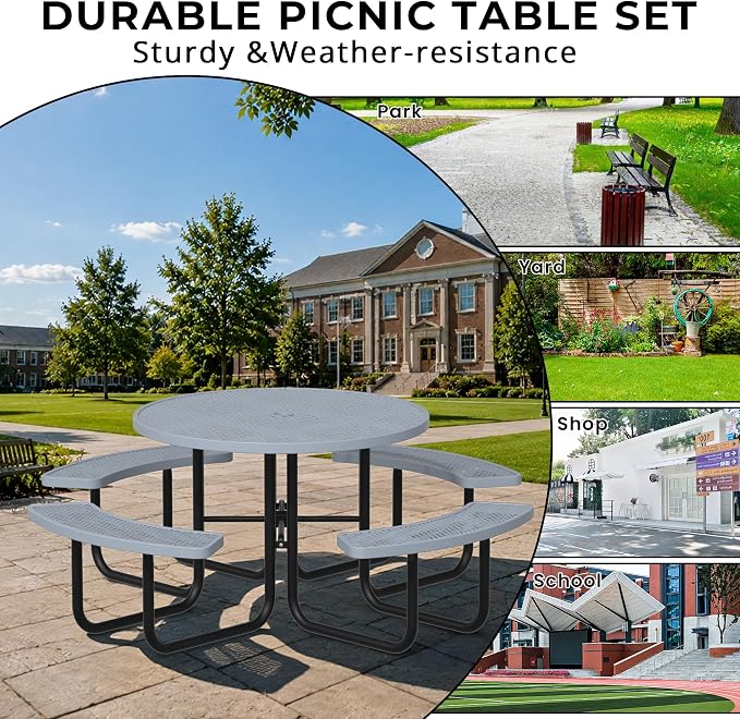 All-Weather Round Outdoor Picnic Table, Commercial Picnic Table Bench Set with Umbrella Hole, Thermoplastic Coated Metal Dining Tables for School, Stores, Park, Patio, Yard, Grey