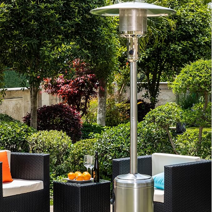 HEXAGO Outdoor Propane Patio Heater, 47,000 BTU Stainless Steel Standing Heater with Wheels, One-Touch Ignition & Adjustable Heat Control, Safety Auto Shut-Off System for Garden, Backyard & Restaurant