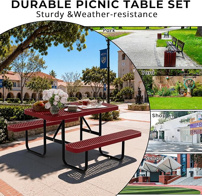 4FT Rectangular Steel Outdoor Picnic Table, Commercial Picnic Table Bench Set with Umbrella Hole, Weather-Resistant Heavy Duty School Dining Table for Stores, Park, Patio, Garden, Backyard, Red