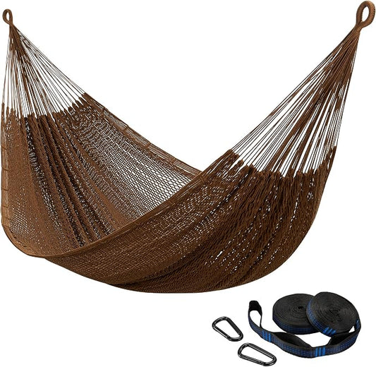 CHULIM Handwoven Mayan Hammock with 10ft Tree Straps, 550lbs Capacity Soft Rope Double Hammock, Portable Outdoor Hammock with Carry Bag for Camping Backyard Beach - Coffee