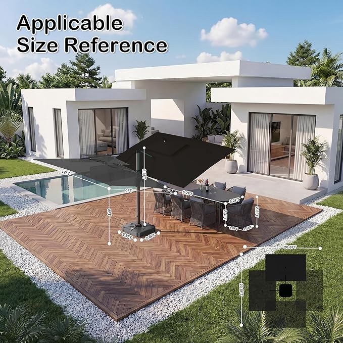 9x12 FT Patio Umbrella with Weighted Base and LED Lights Cantilever Outdoor Large Heavy Duty Rectangle Aluminum Offset Umbrellas Double Top 360 Rotation for Pool Deck Garden, Black