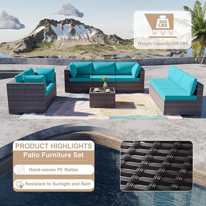 ALAULM 9 Pieces Patio Furniture Set Wicker Patio Conversation Set with 4 Corner Sofas, Outdoor Sectional Furniture w/Coffee Table & Washable Seat Cushions-Blue