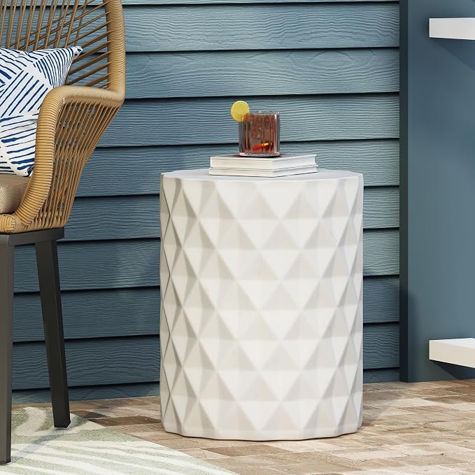 Outdoor Side Table 15.25" Geometric Shape Lightweight Concrete-Look Outdoor Indoor Accent Table Decorative Garden Stools, for Patio Porch Living Room, White