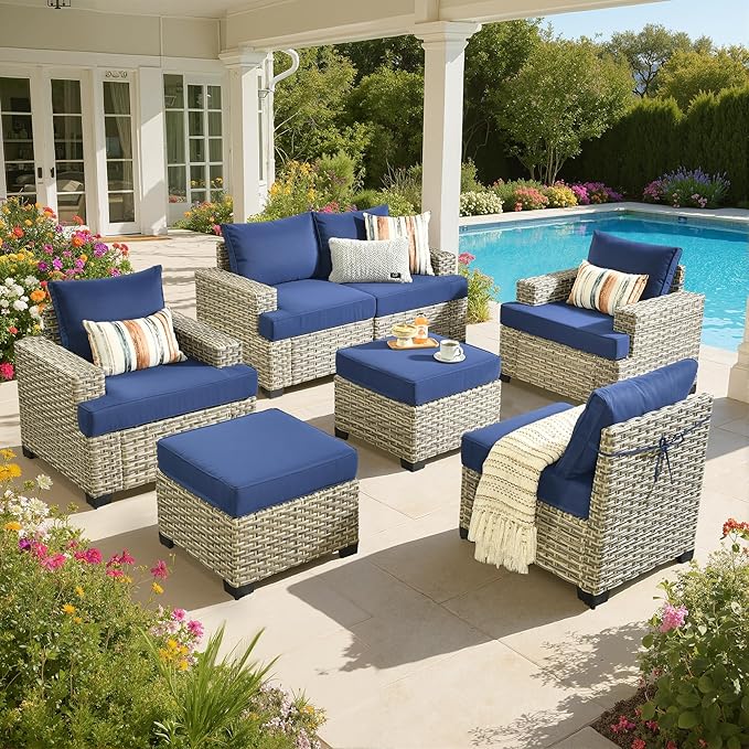 Outdoor Sectional Patio Furniture Set,7 Pieces All Weather Rattan Wicker Conversation Sets,Out Door Furniture with Ottoman Single Chair,Navy Blue