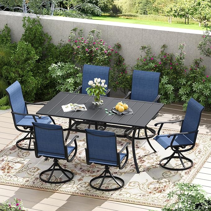 7 Pieces Patio Furniture Dining Set, 6 Textilene Swivel Dining Chairs, 59" Outdoor Rectangular Metal Table with 1.57" Umbrella Hole, Outdoor Dining Set for Porch, Lawn, Garden, Black/Blue