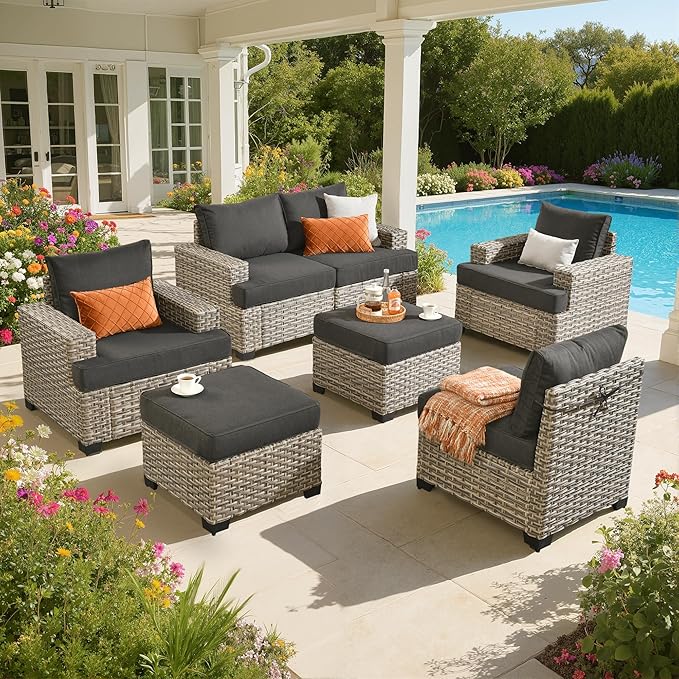 Outdoor Sectional Patio Furniture Set,7 Pieces All Weather Rattan Wicker Conversation Sets,Out Door Furniture with Ottoman Single Chair,Black
