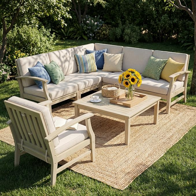 Christopher Knight Home Alex Acacia Wood Outdoor Patio Furniture Set for 6, Patio Sofa Set with Cushions, Patio Conversation Set with Sectional Sofa+Club Chairs and Coffee Table, Light White+Sand