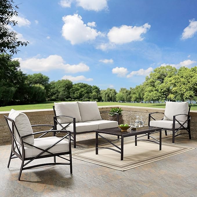 Crosley Furniture Kaplan 4-Piece Outdoor Loveseat Patio Furniture Set, Conversation Sets for Porch, Deck, Oiled Bronze with Oatmeal Cushions