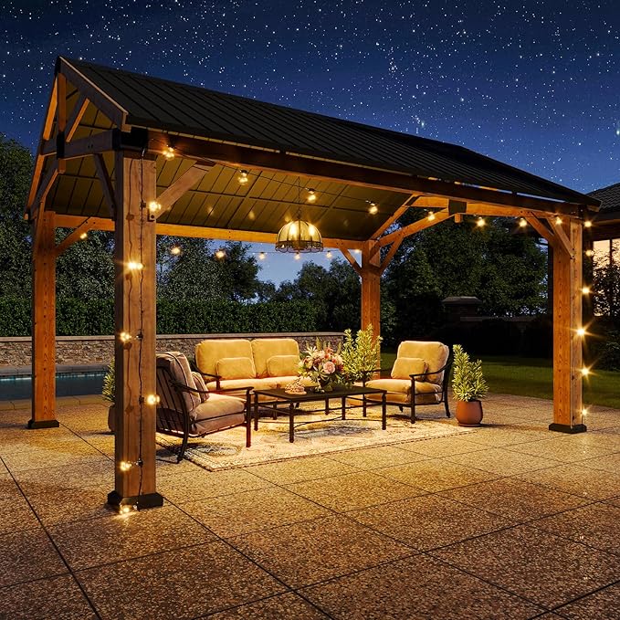 Aoxun 12' x 14' Outdoor Wood Gazebo, Hardtop Gazebo Permanent Wooden Pavilion with Galvanized Steel Gable Roof, for Patio, Garden, Deck, Cedar Wood