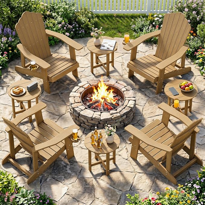 Tangkula Round Outdoor Side Table, Adirondack Side Table with Weather-Resistant, Waterproof Top, Small Outside End Table for Patio Deck Pool Porch, Easy Maintenance (Brown,1)