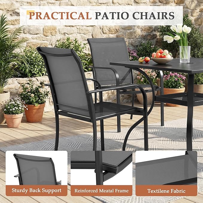 Crownland 5 Piece Patio Dining Set, Outdoor Textilene Dining Sets, 4 Textilene Metal Chairs and Square Outdoor Dining Table with 1.57" Umbrella Hole (Grey)