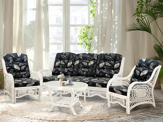 Malibu Lounge Set of 4: 2 Natural Rattan Wicker Chairs, Three-Seater Sofa and Coffee Table with Glass Handmade, White Color with Black Leaf Cushions