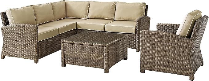 Crosley Furniture Bradenton 5-Piece Outdoor Sectional Sofa Wicker Conversation Patio Furniture Set for Deck, Brown with Sand Cushions