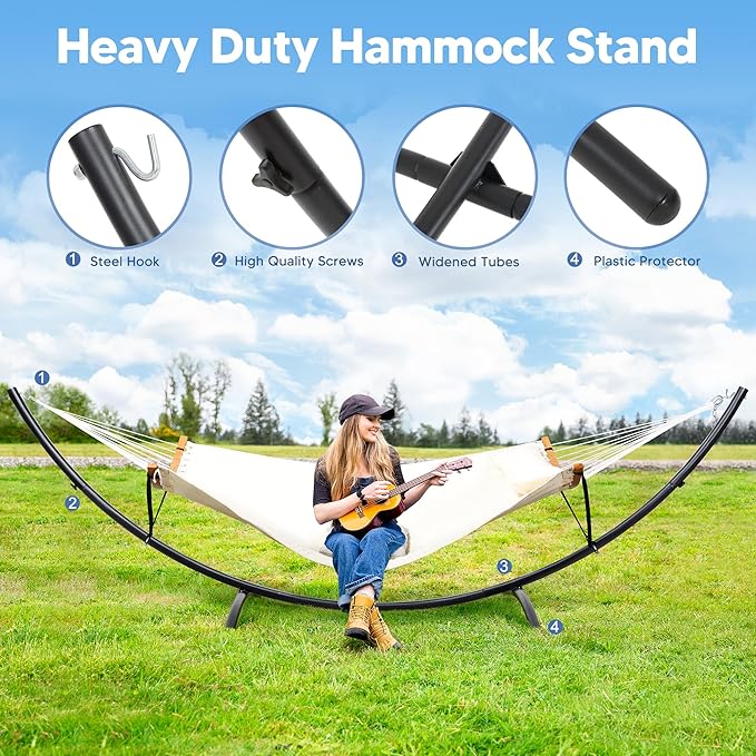SUNCREAT Hammocks for Outside with Stand, Porch Hammock and Stand, 475 lbs Capacity, Patent Pending, Beige