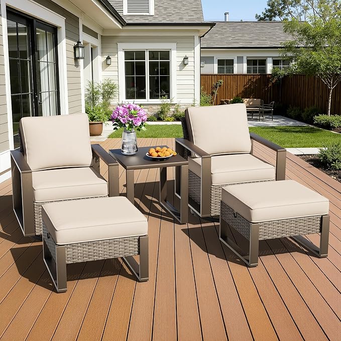 5 Pieces Metal Wicker Patio Furniture Set - 2 Swivel Rocker Chairs and 2 Ottomans, 1 Side Table, All Weather Rattan Outdoor Conversation Furniture with Washable Cushion for Deck Porch, Beige