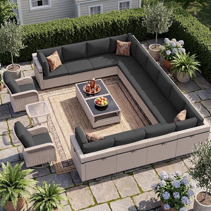 Patio Furniture Set, 17-Piece Outdoor Sectional Sofa with Swivel Rocker Chairs & 2-Layer Glass Coffee Table, Wicker Patio Conversation Set with Black Cushions