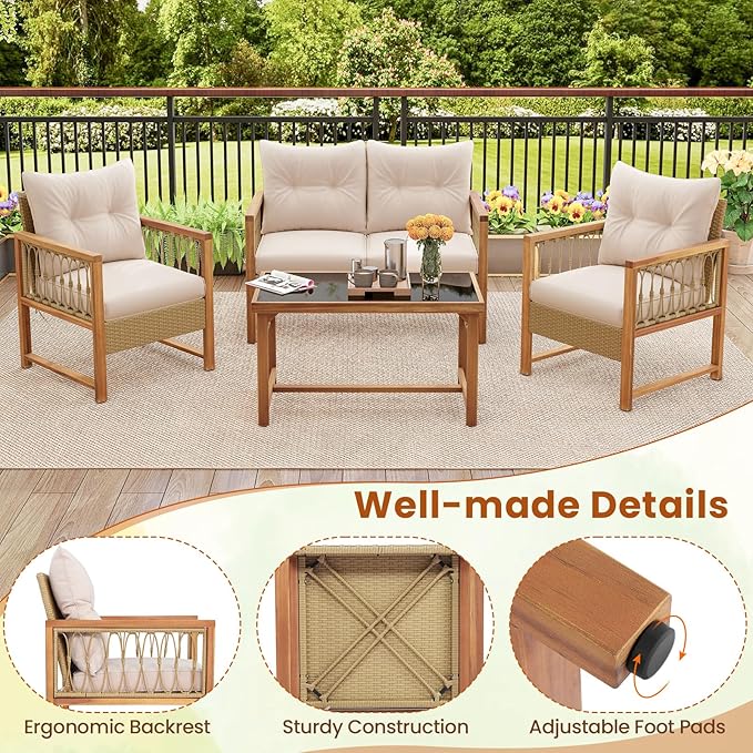 Tangkula 4 Pieces Patio Furniture Set, Outdoor PE Wicker Conversation Bistro Set with Acacia Wood Frame, Cushions and Tempered Glass Coffee Table for Porch, Balcony, Deck and Backyard (Beige)