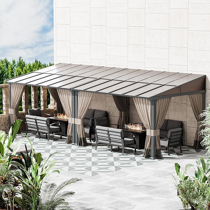 10' x 24' Lean to Gazebo,Large Wall Mount Heavy Duty Gazebos Pavilion,Outdoor Hardtop Pergola Shelter with Curtains and Netting,Sunshade for Patio Garden Lawn Backyard Deck,Brown