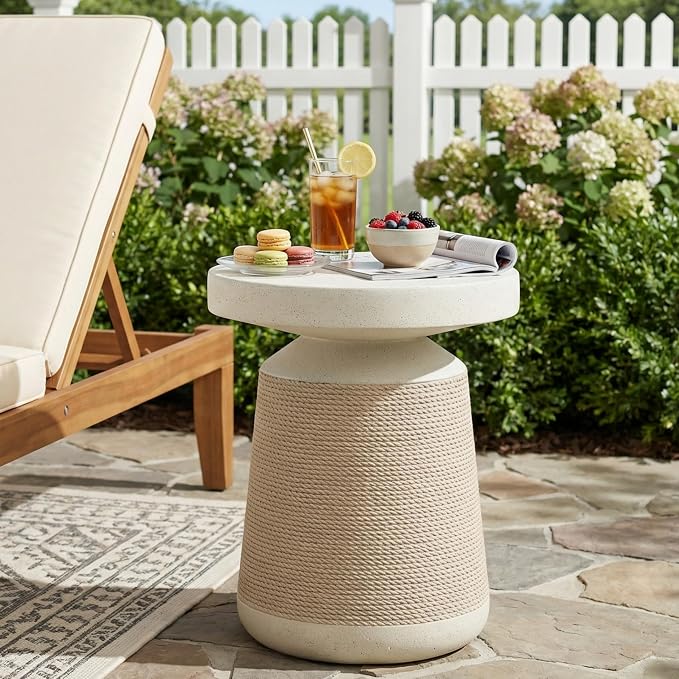 Christopher Knight Home 18.11" H Simulated Rattan and Stone MGO Side Table Sculptural Tapered End Table Indoor Outdoor Living Room Patio Balcony Decor Accent Table, Natural Wood