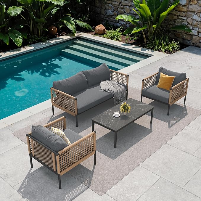 Grand patio 4-Piece Wicker Patio Furniture Set, Boho Outdoor Conversation Set, Patio Sofa Seatings with Coffee Table for Garden, Backyard, Balcony, Gray