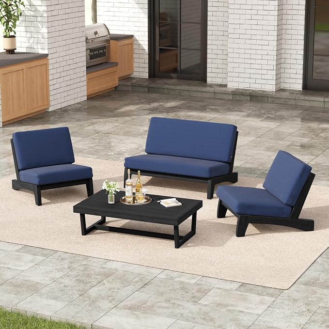 4 Pieces Patio Furniture Sets, All-Weather Outdoor Wood Bistro Set Patio Conversation Coffee Table Chiars and Patio Loveseat for Balcony, Backyard