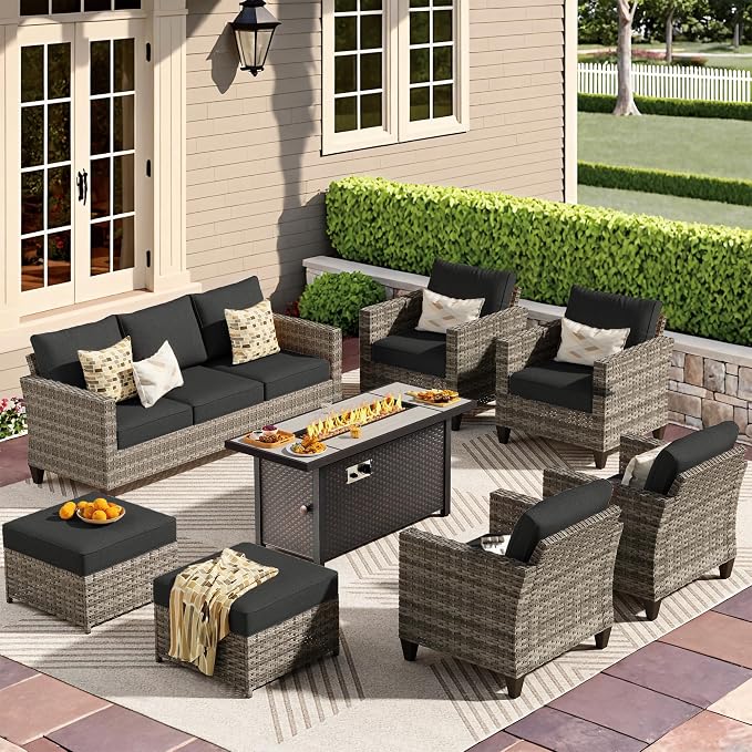 CAODOC 8-Piece Outdoor Wicker Patio Set with 9 Seats, Including 53" Fire Pit - Sectional Sofa and Conversation Set for Backyard or Lawn, Gray Rattan with Waterproof Black Cushions