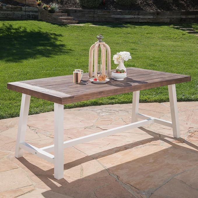 Christopher Knight Home Carlisle Outdoor Dark Brown Sandblast Finish Acacia Wood Dining Table with White Rustic Metal Finish Frame