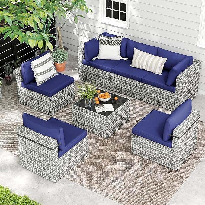 7-Piece Outdoor Sectional Sofa Set, Weather-Resistant Patio Furniture Set with Washable Cushions and Coffee Table, Grey Rattan Patio Conversation Set for Poolside, Backyard, Deck (Navy Blue)
