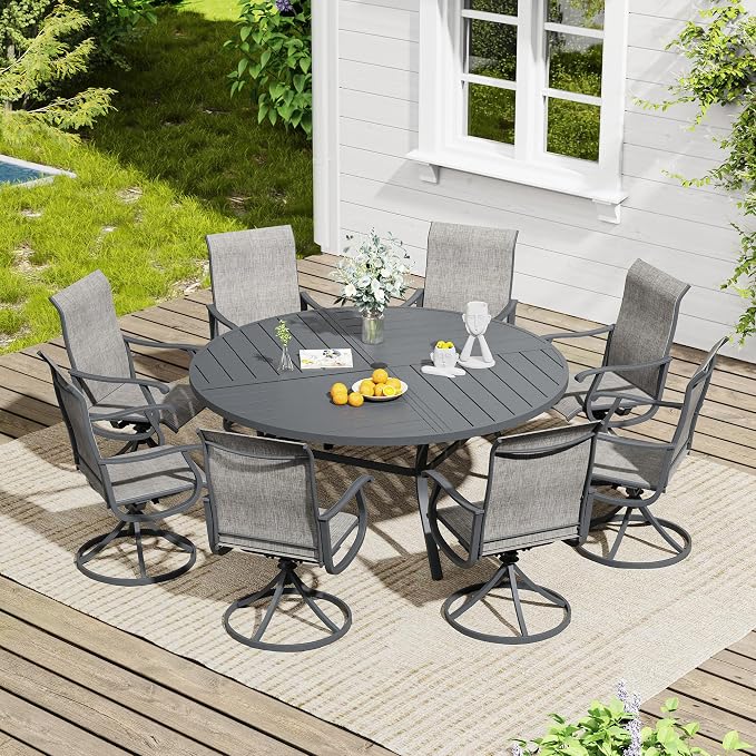 VICLLAX 60" Round Outdoor Table, Patio Dining Table for 8-10 with Umbrella Hole for Garden Lawn Deck Backyard, Dark Grey