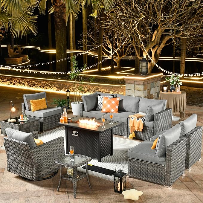 ovios 10 Piece Outdoor Patio Furniture Set with Fire Pit Table,Conversation Sectional Wicker Couch with Swivel Chairs,Modern Outside Sofa for Balcony Backyard, Dark Grey